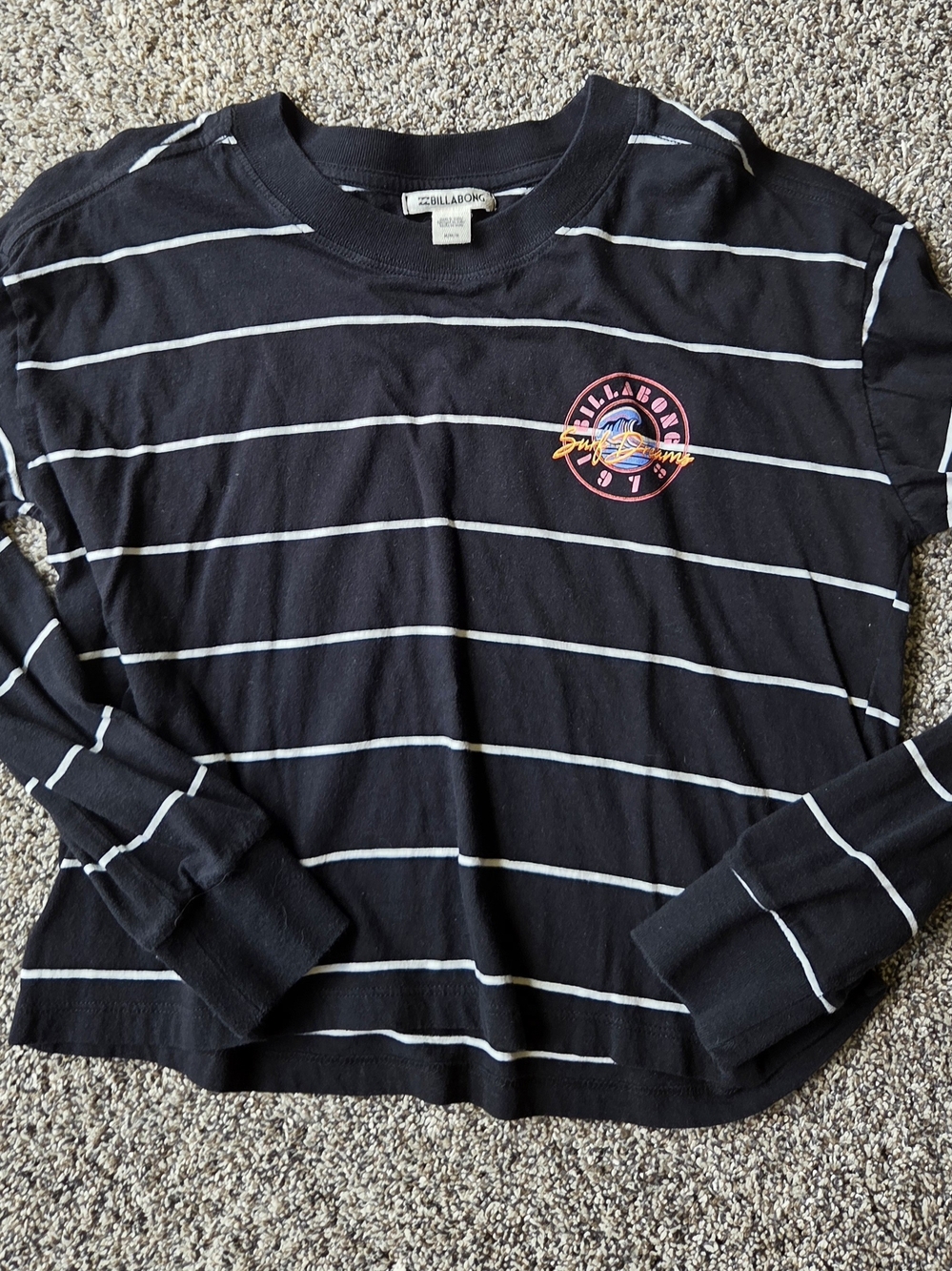 Billabong Black & White Striped Long Sleeve Tee with Retro Logo